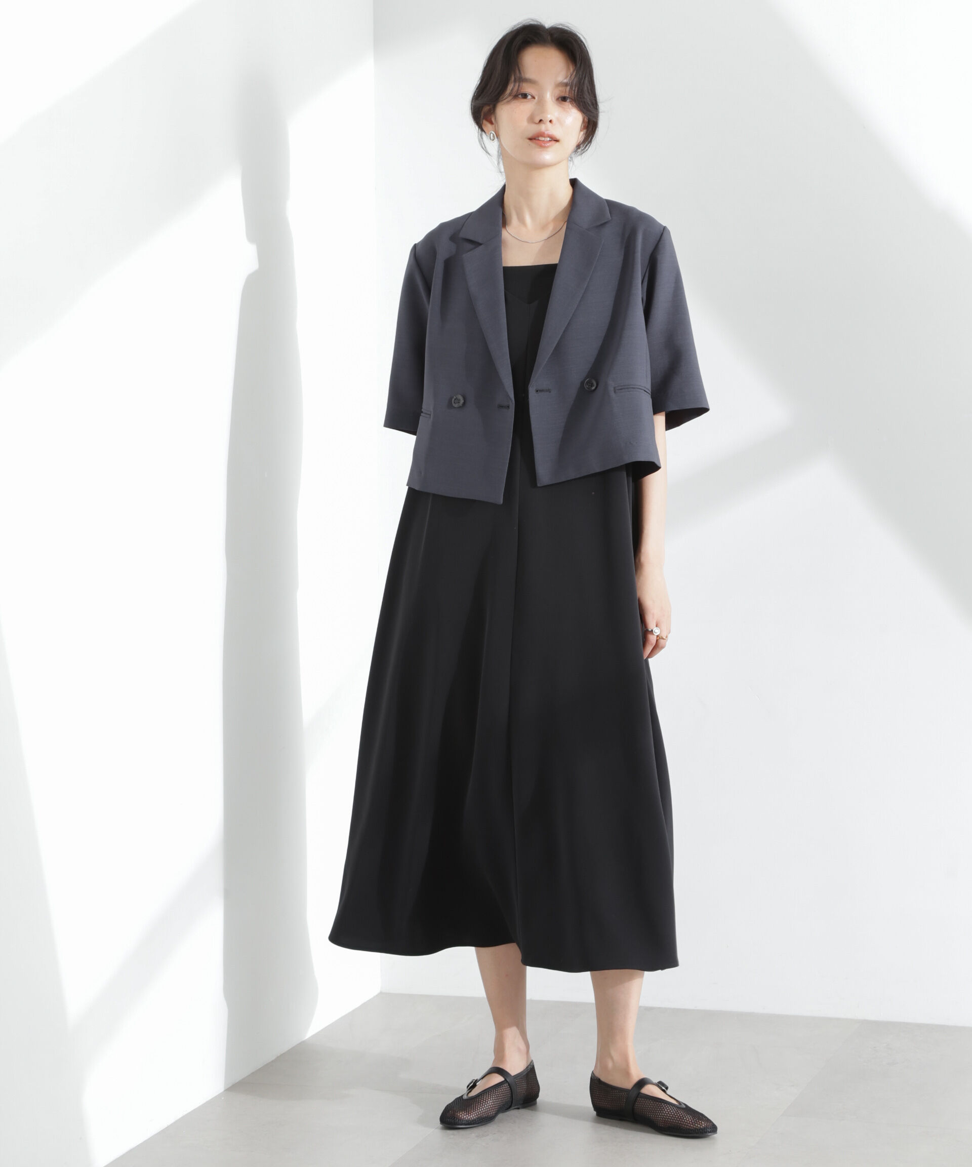 nano･universe「メランジドライ 半袖ショートダブルジャケット(セットアップ可)」|テーラードジャケット|