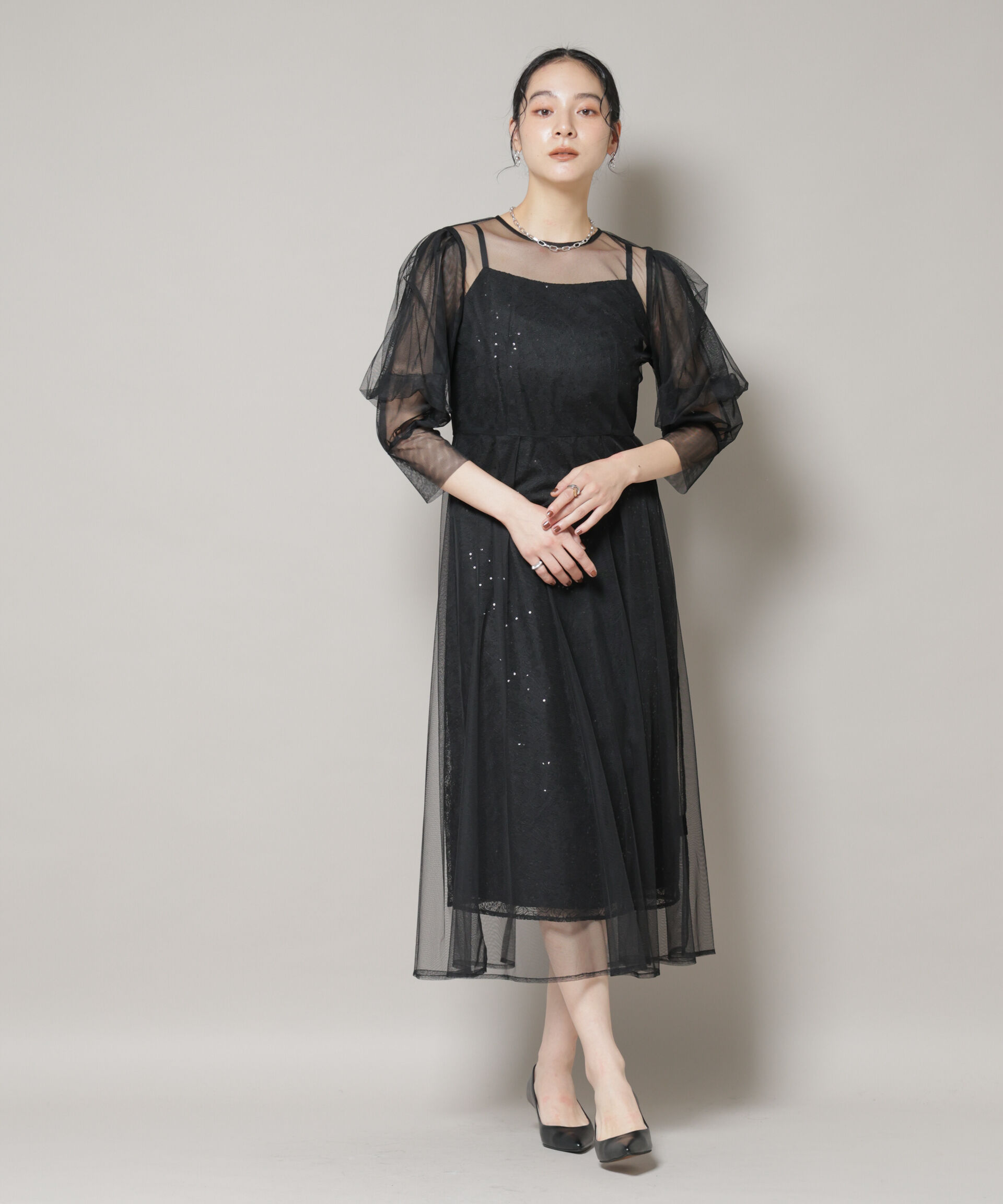 nano･universe「kaene/シアーエプロンレースキャミドレス」|ワンピース|ブラック