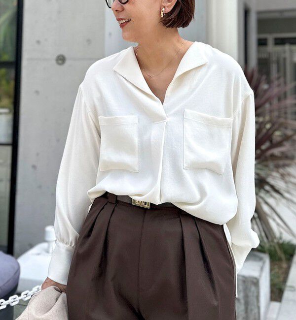 NOLLEY'S sophi「ウォッシャブルバックサテンジョーゼットオープンカラーブラウス」|シャツ・ブラウス|オフホワイト