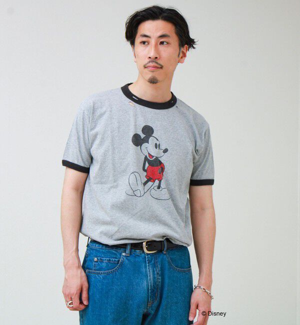 GLOSTER「【GOOD ROCK SPEED】MICKEY / ミッキーマウス リンガーダメージT」|Tシャツ・カットソー|ライトグレー