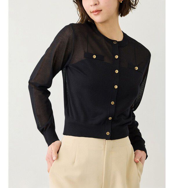 ROPE「LEVITA 金ボタンクルーネックシアーカーディガン/接触冷感・イージーケア」|カーディガン|ブラック(01)