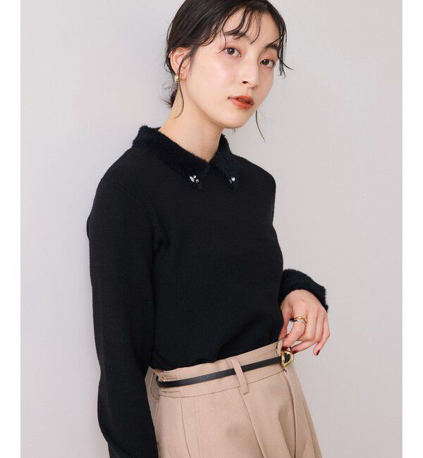 VIS「ビジュー付きシャギーカラーニットトップス」|ニット・セーター|ブラック(01)