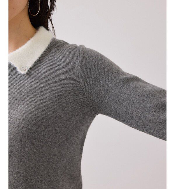 VIS「ビジュー付きシャギーカラーニットトップス」|ニット・セーター|