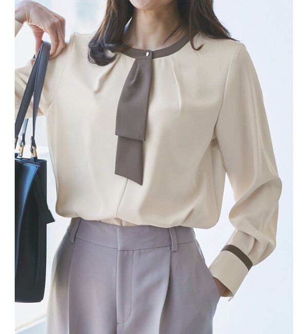 Rope&rsquo;Picnic「ジョーゼット配色ボウタイ風ブラウス/セレモニー・通勤対応」|シャツ・ブラウス|ベージュ