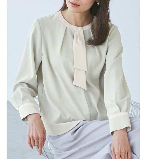 Rope&rsquo;Picnic「ジョーゼット配色ボウタイ風ブラウス/セレモニー・通勤対応」|シャツ・ブラウス|ライトグリーン