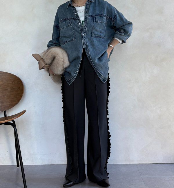  「【WEB限定】カットジョーゼットサイドフリルパンツ」|チノ|