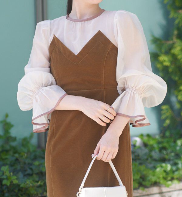  「【結婚式/ドレス/サイズ展開あり】配色シアーベアデザインワンピース」|ドレス|キャメル