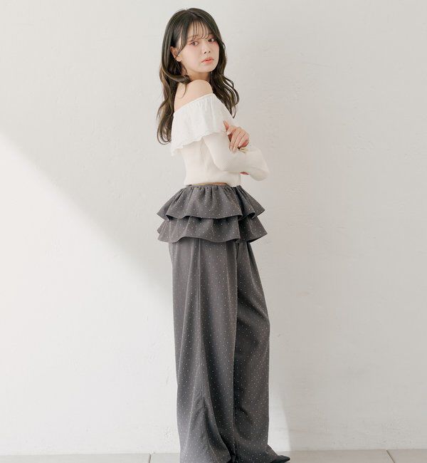  「【SALON by Chico】取り外しフリルルーズラインストーンスラックス」|チノ|