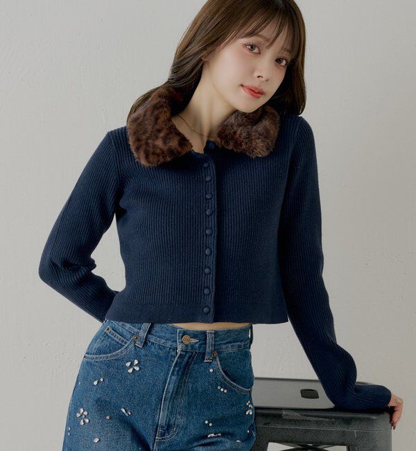  「【SALON by Chico】ファー襟取り外しコンパクトトップス」|ニット・セーター|ネイビー