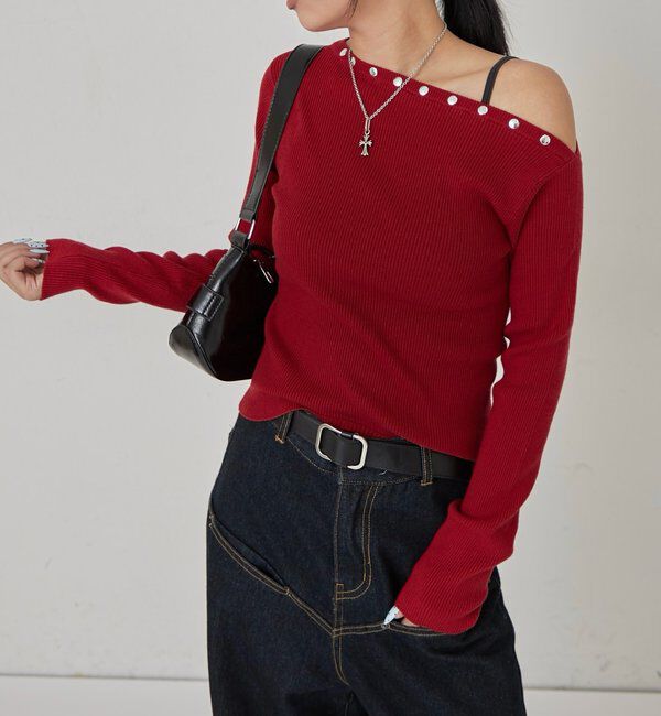  「スタッズワンオフショルニット」|ニット・セーター|レッド