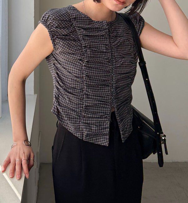  「【洗濯可/着やせ効果◎】チェックギャザーブラウス」|シャツ・ブラウス|