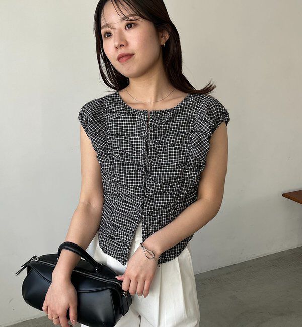  「【洗濯可/着やせ効果◎】チェックギャザーブラウス」|シャツ・ブラウス|
