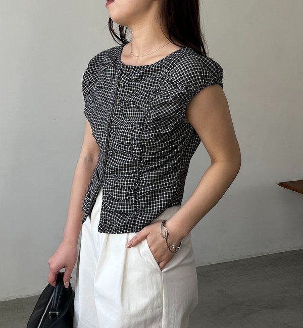  「【洗濯可/着やせ効果◎】チェックギャザーブラウス」|シャツ・ブラウス|