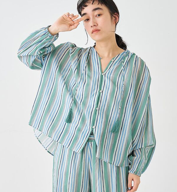 collex「ブロックプリント ユラギ ストライプブラウス【予約】」|シャツ・ブラウス|セージグリーン