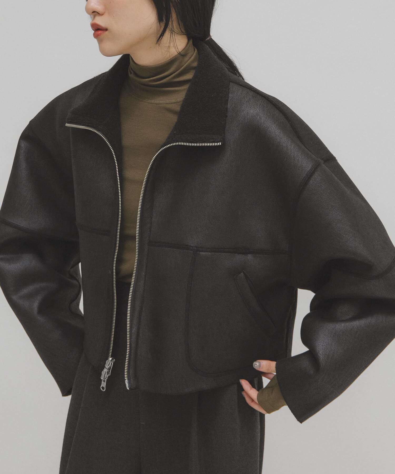  「リバーシブルボアジャケット」|ノーカラーコート|ブラック