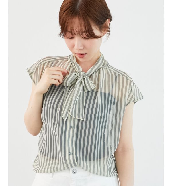 「《手洗い可能》楊柳シアーストライプボウタイブラウス」|シャツ・ブラウス|