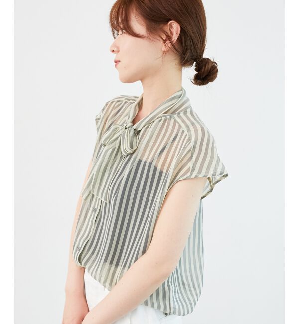  「《手洗い可能》楊柳シアーストライプボウタイブラウス」|シャツ・ブラウス|