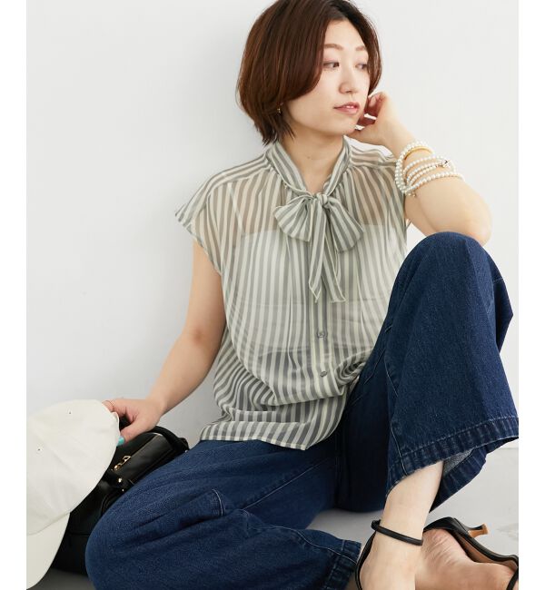  「《手洗い可能》楊柳シアーストライプボウタイブラウス」|シャツ・ブラウス|