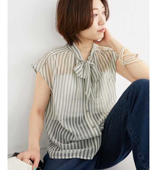  「《手洗い可能》楊柳シアーストライプボウタイブラウス」|シャツ・ブラウス|