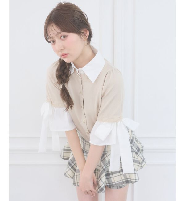  「袖リボンシャツレイヤードライクカーデ」|ニット・セーター|ベージュ