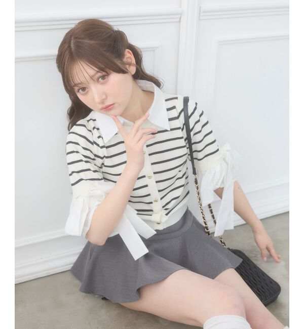  「袖リボンシャツレイヤードライクカーデ」|ニット・セーター|