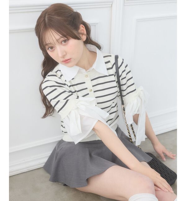  「袖リボンシャツレイヤードライクカーデ」|ニット・セーター|