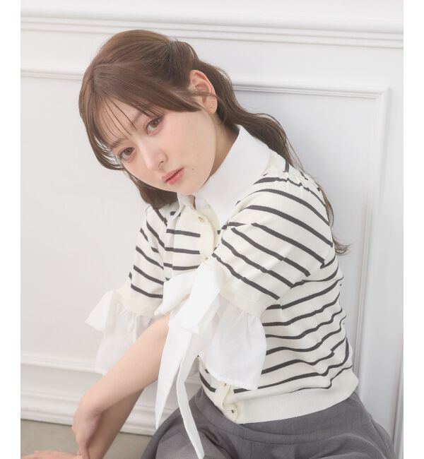  「袖リボンシャツレイヤードライクカーデ」|ニット・セーター|