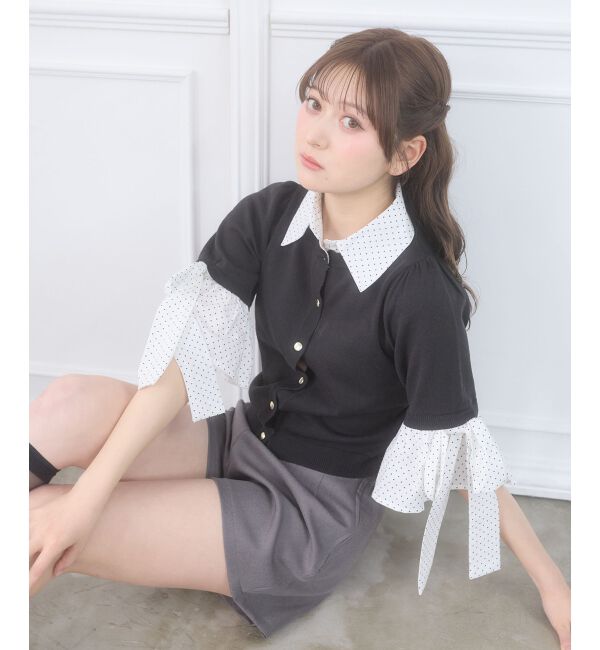  「袖リボンシャツレイヤードライクカーデ」|ニット・セーター|