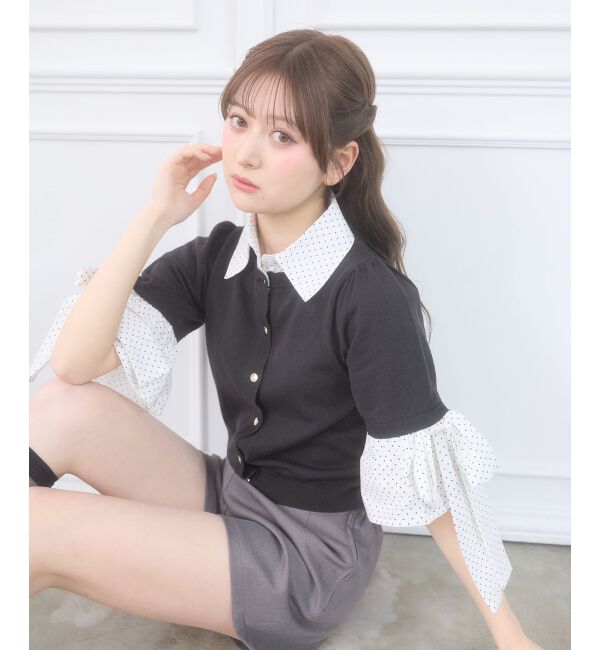  「袖リボンシャツレイヤードライクカーデ」|ニット・セーター|