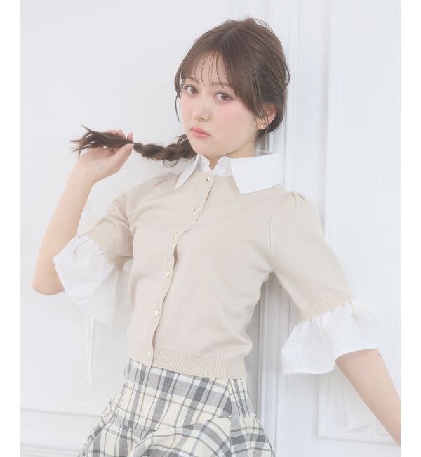  「袖リボンシャツレイヤードライクカーデ」|ニット・セーター|