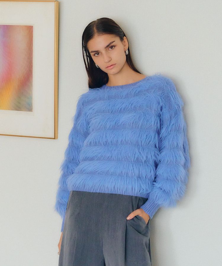 YECCA VECCA「フェザーボーダーニット」|ニット・セーター|ブルー