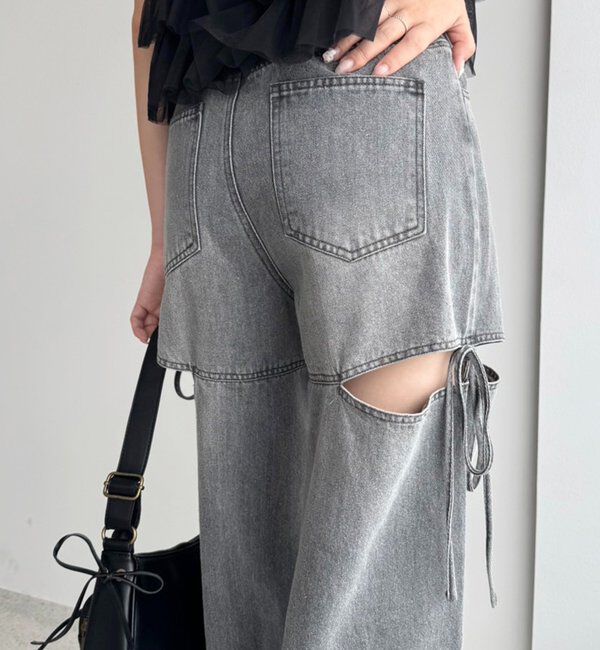  「【ウエストサイズ調整可】サイドあきリボンワイドデニム」|その他|