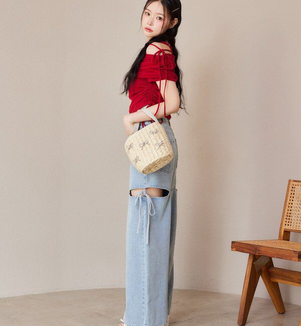  「【ウエストサイズ調整可】サイドあきリボンワイドデニム」|その他|