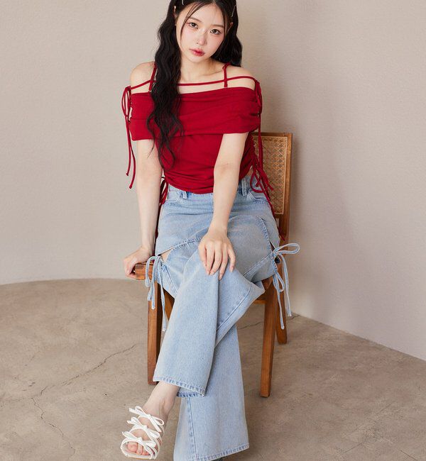  「【ウエストサイズ調整可】サイドあきリボンワイドデニム」|その他|