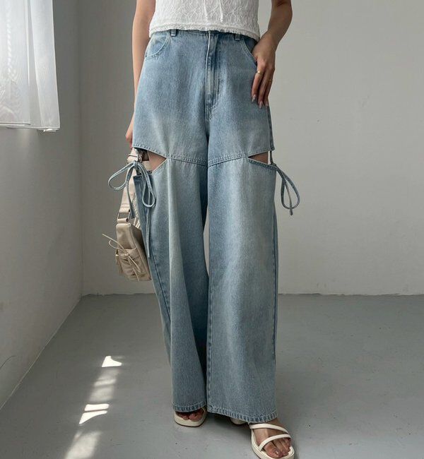  「【ウエストサイズ調整可】サイドあきリボンワイドデニム」|その他|