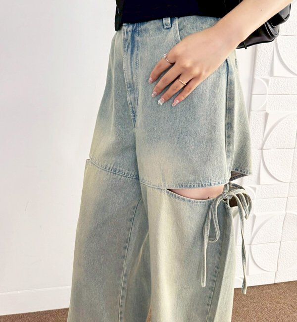  「【ウエストサイズ調整可】サイドあきリボンワイドデニム」|その他|
