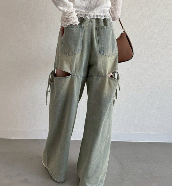  「【ウエストサイズ調整可】サイドあきリボンワイドデニム」|その他|