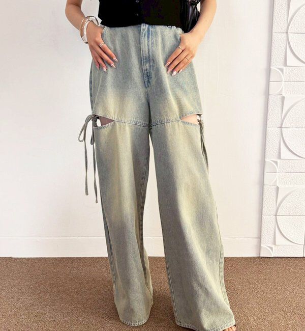  「【ウエストサイズ調整可】サイドあきリボンワイドデニム」|その他|