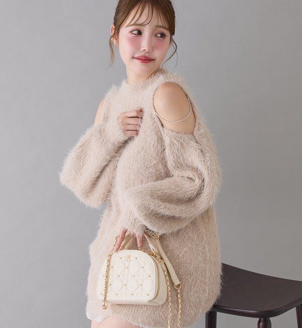  「肩あきビジューニットミニワンピ」|ワンピース|