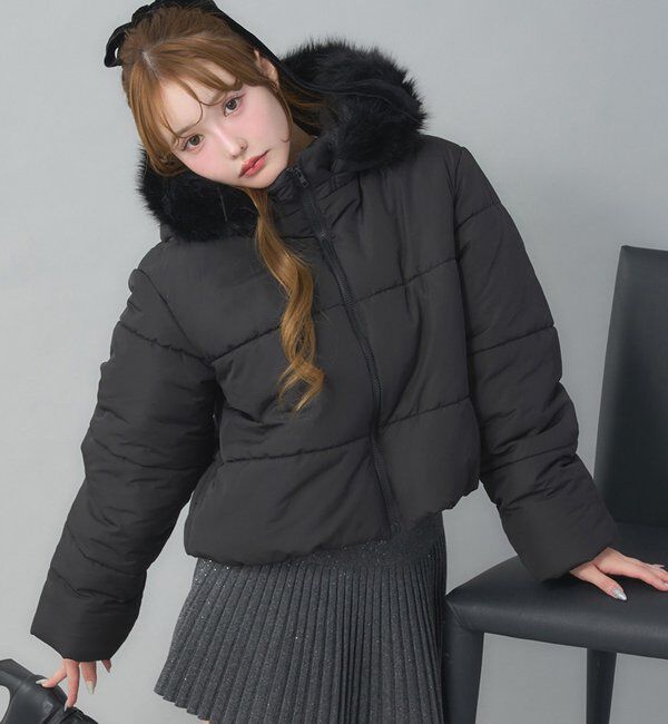  「ファー付きショートフェイクダウン」|ダッフルコート|ブラック