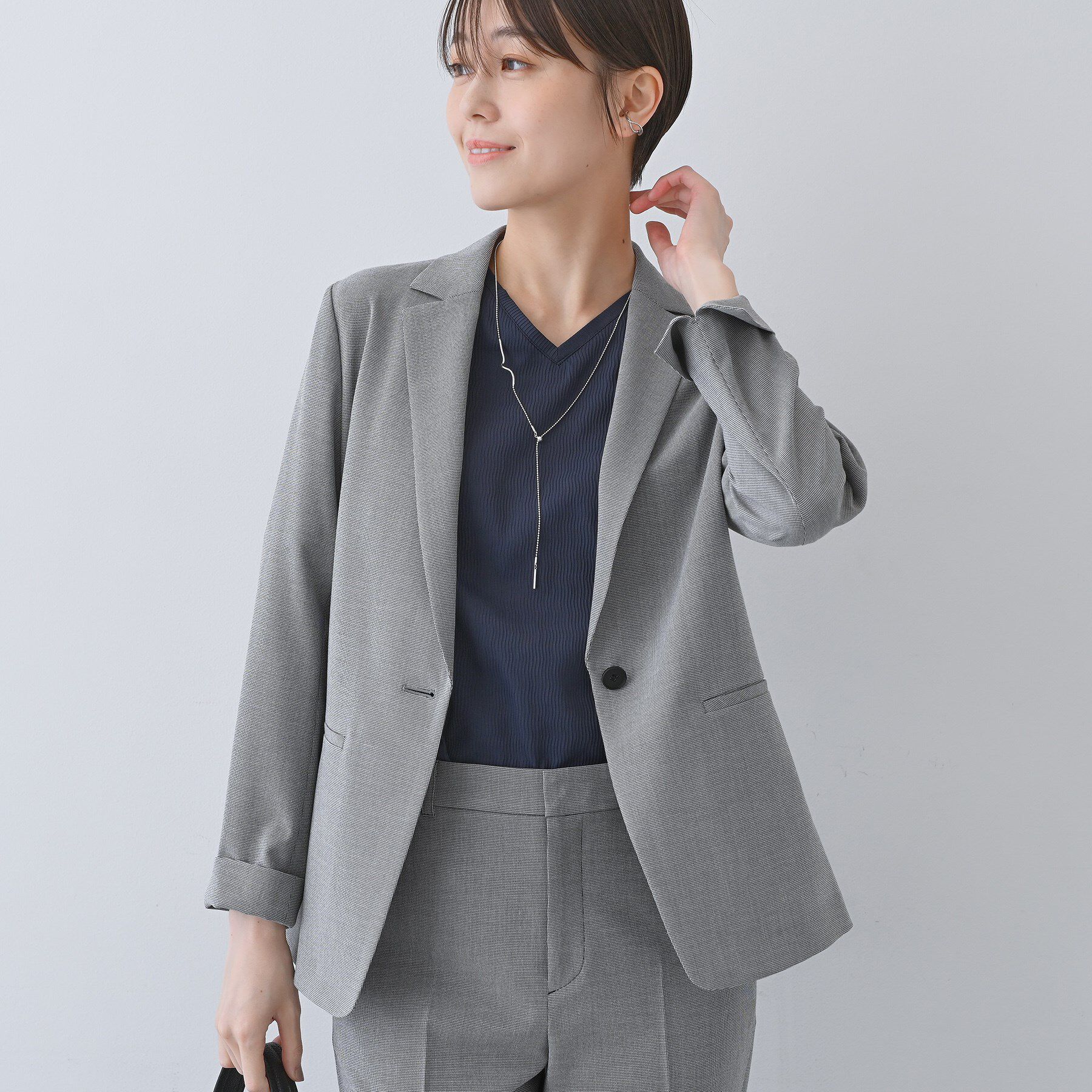 INDIVI「【洗える／夏スーツ】ミニ千鳥柄テーラードカラージャケット」|テーラードジャケット|ブラック(419)