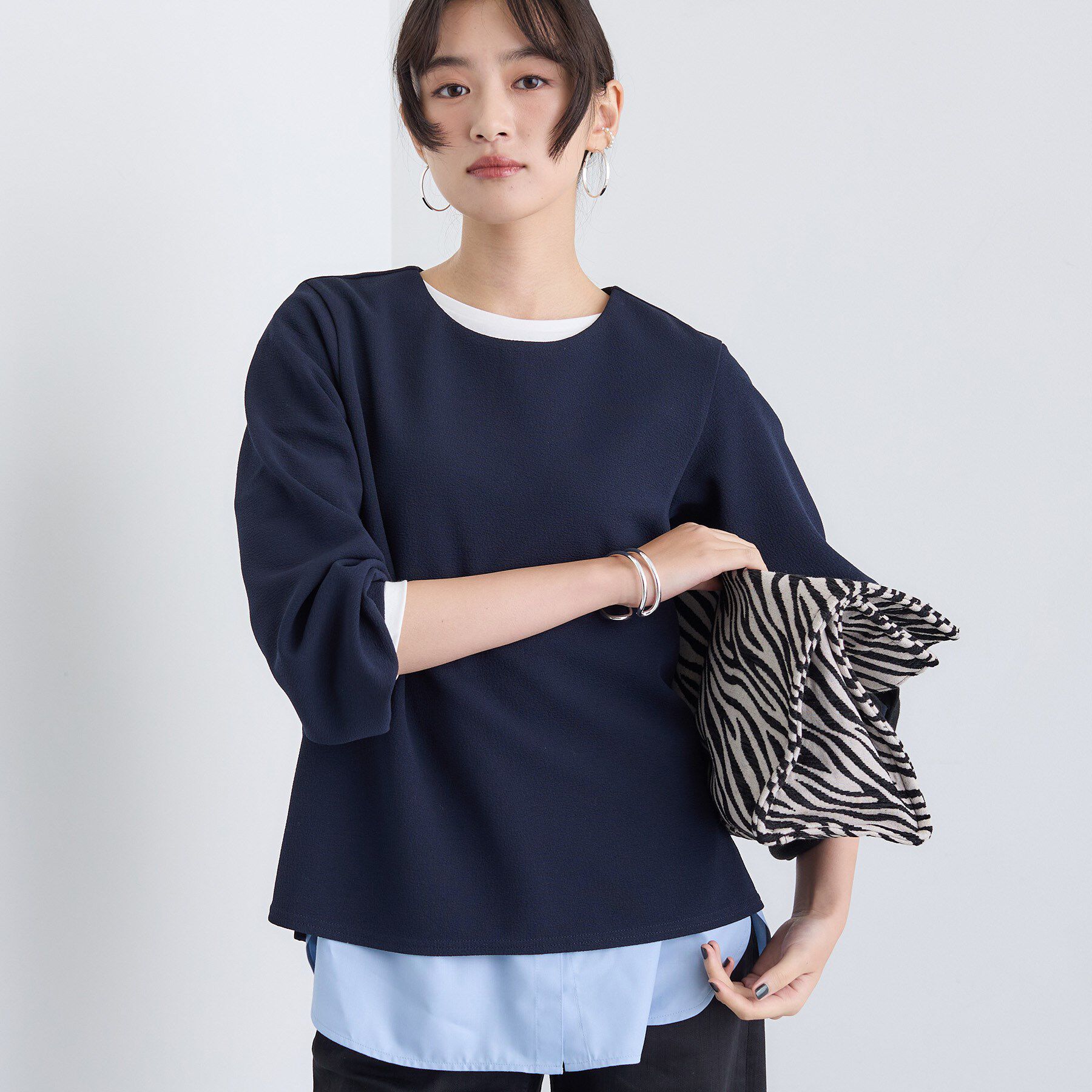 INDIVI「【SETUP可能／袖コンシャス】ダンボールジャージトップス」|Tシャツ・カットソー|ネイビー(094)