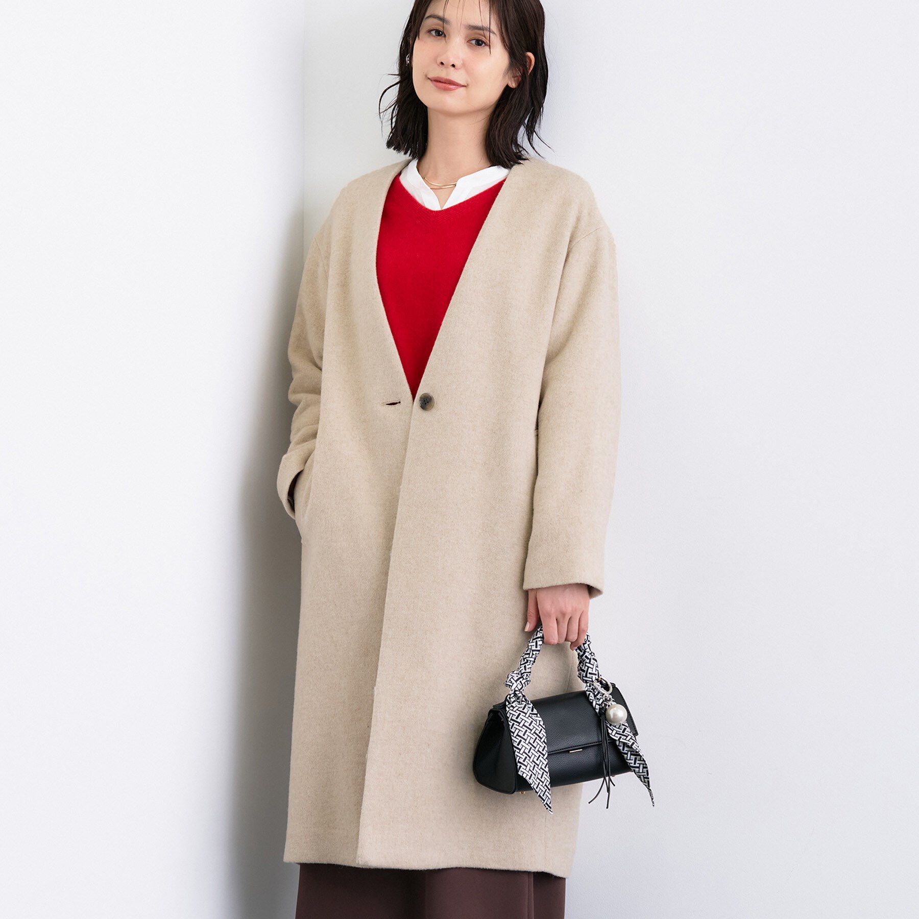 INDIVI「【軽量／ウール混】ライトフォルム ロングコート」|ノーカラーコート|