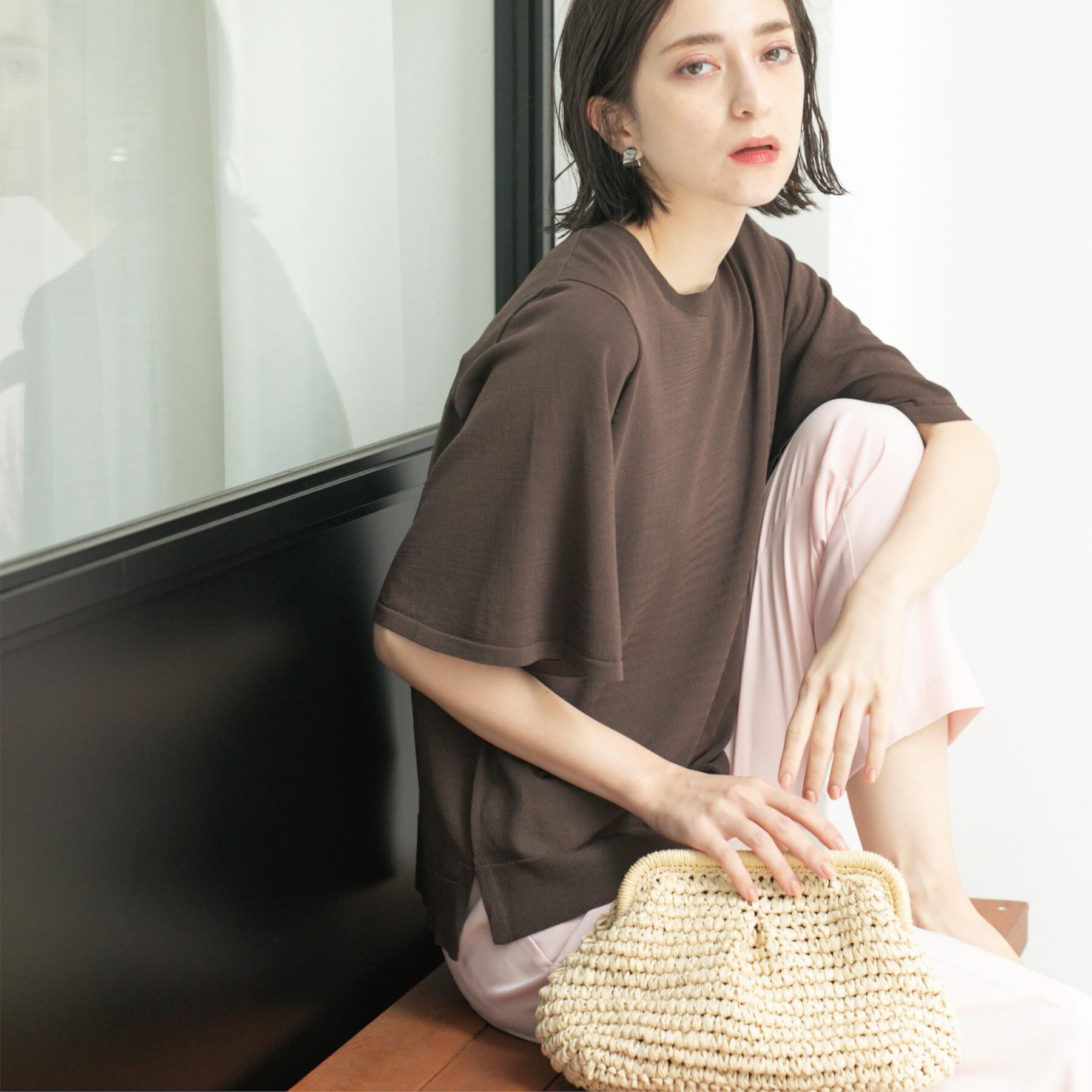 OPAQUE.CLIP「《6色展開/S-LLサイズ》フレアスリーブニット【UV/接触冷感/抗ピル/洗濯機洗い可】」|ニット・セーター|ブラウン(044)