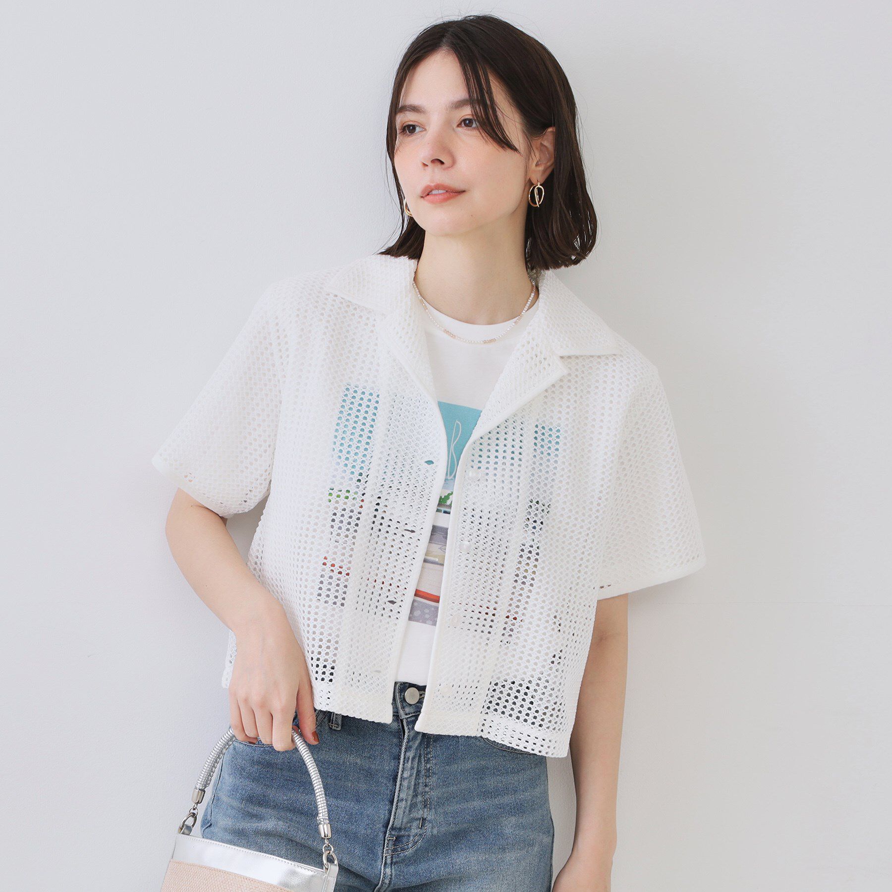 OPAQUE.CLIP「メッシュ開襟シャツ【洗濯機洗い可】」|シャツ・ブラウス|ホワイト(001)