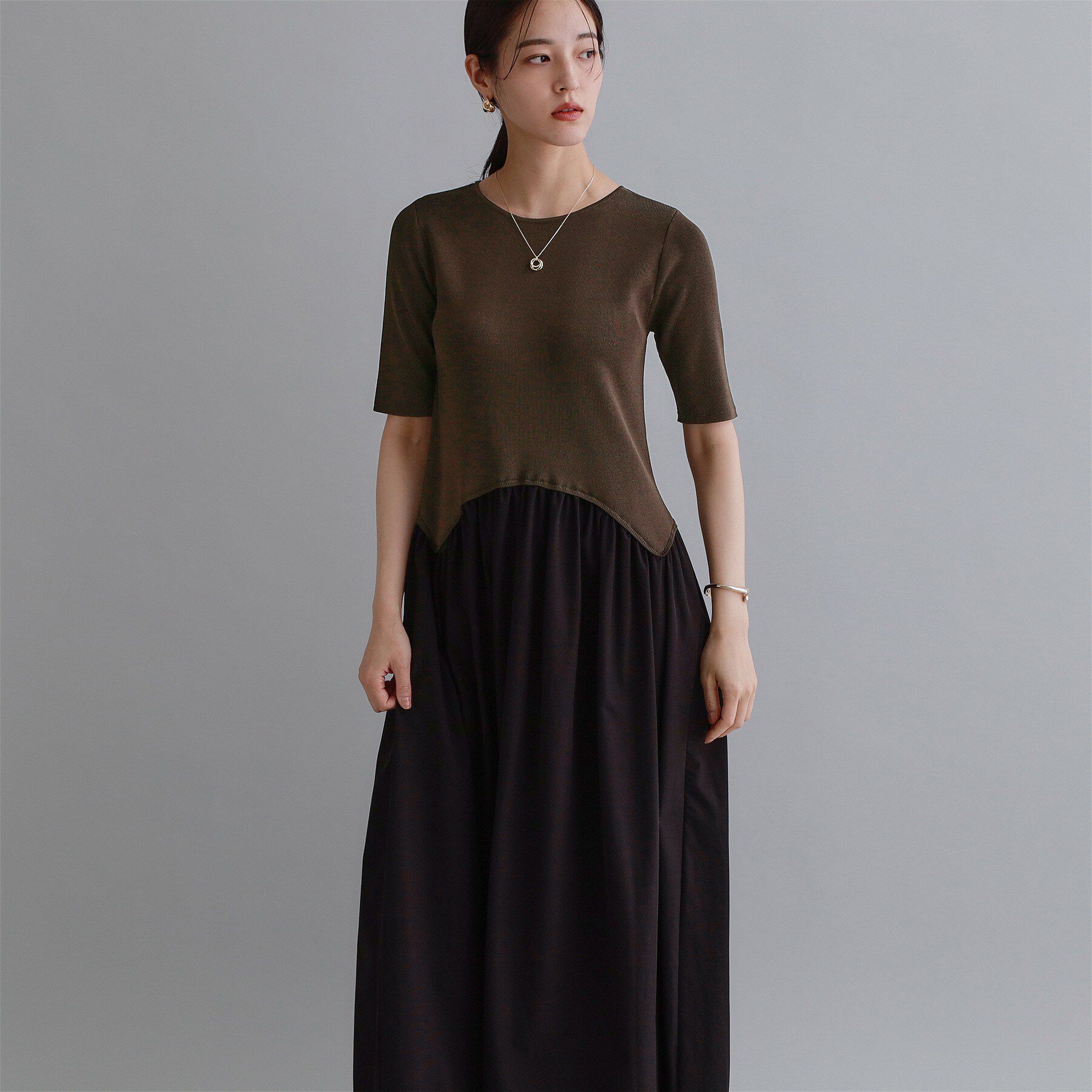 OPAQUE.CLIP「【es】イレギュラーヘム切り替えニットドッキングワンピース【洗濯機OK】」|ワンピース|ブラウン(544)