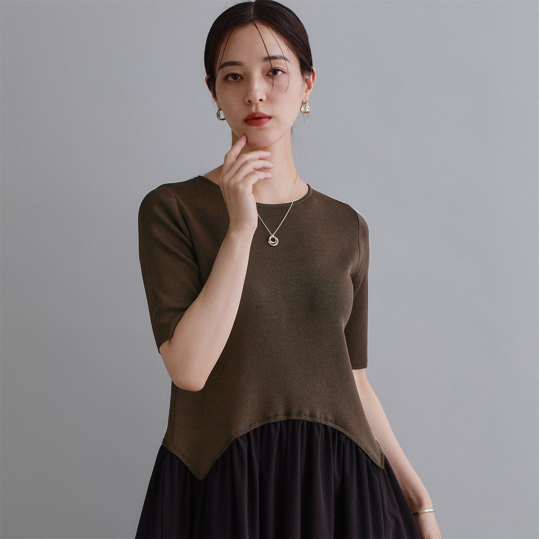 OPAQUE.CLIP「【es】イレギュラーヘム切り替えニットドッキングワンピース【洗濯機OK】」|ワンピース|