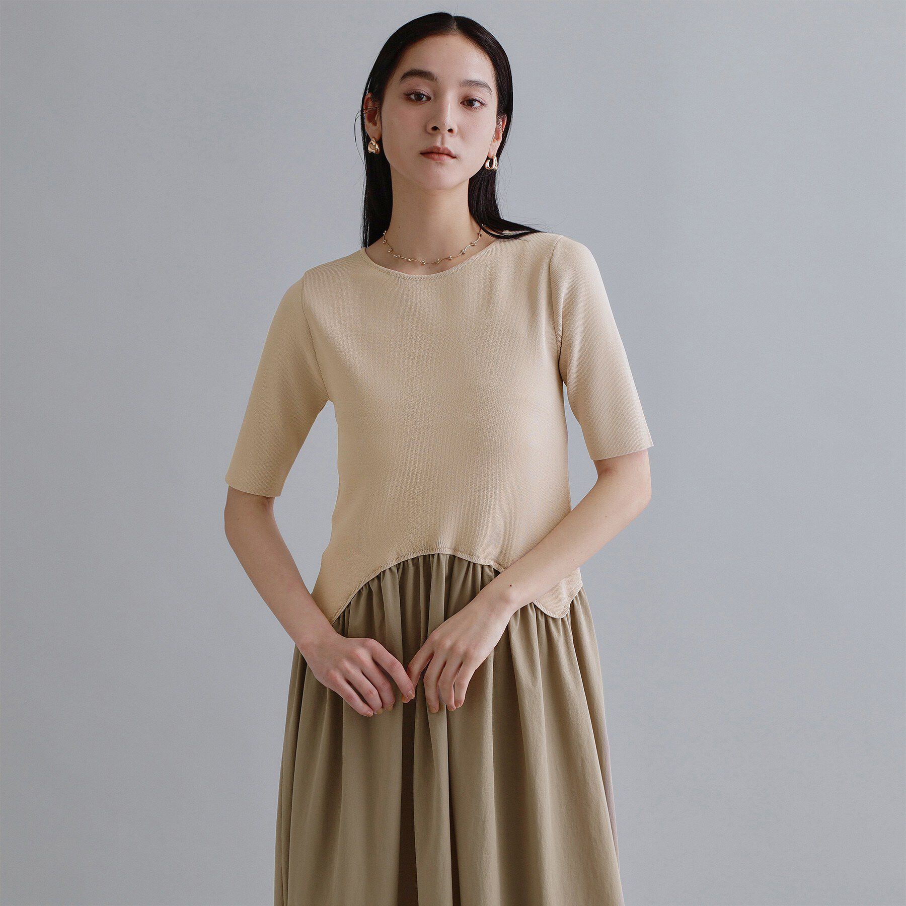 OPAQUE.CLIP「【es】イレギュラーヘム切り替えニットドッキングワンピース【洗濯機OK】」|ワンピース|ライトベージュ(55