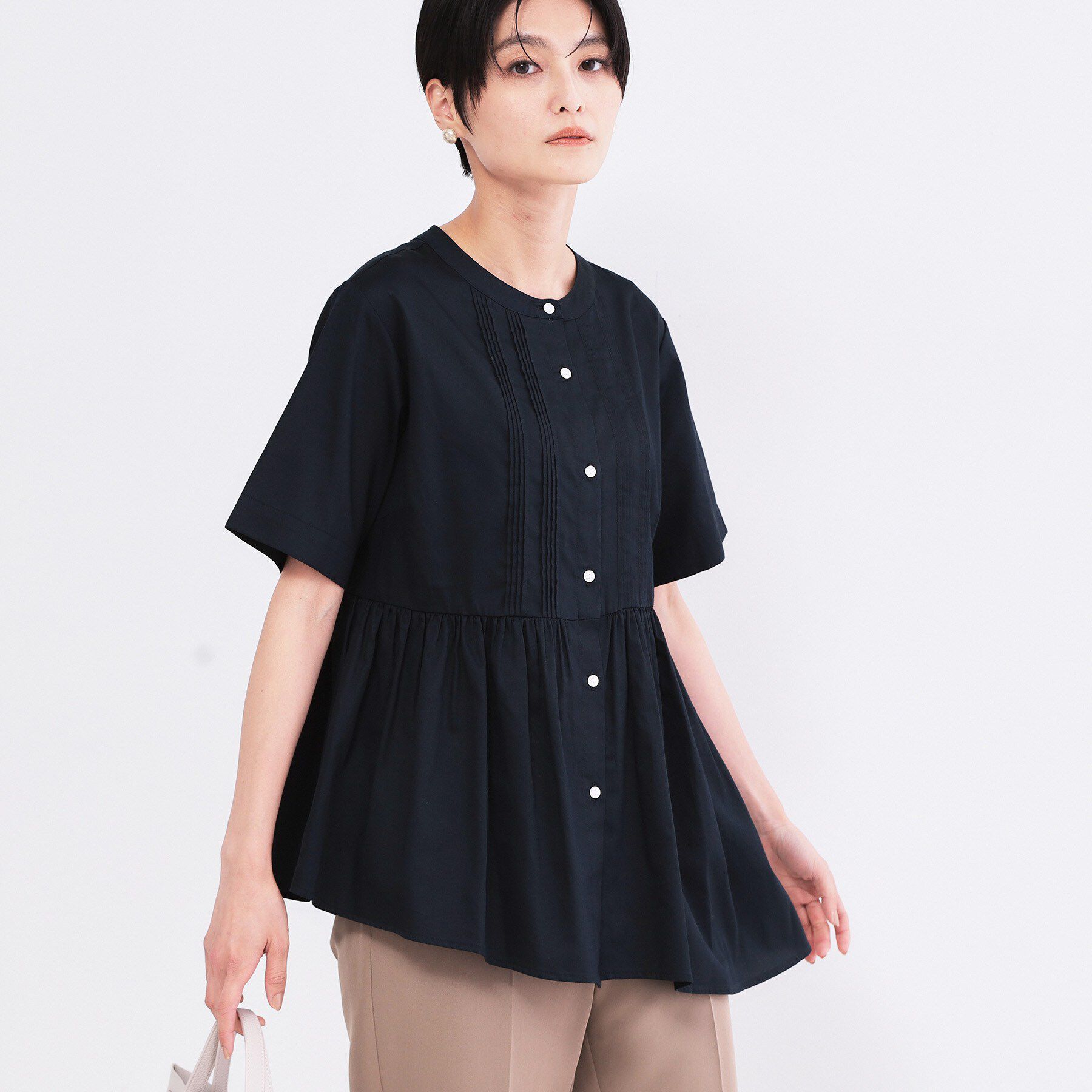 OPAQUE.CLIP「ピンタックアシメペプラムブラウス【洗濯機ＯＫ】」|シャツ・ブラウス|ネイビー(094)