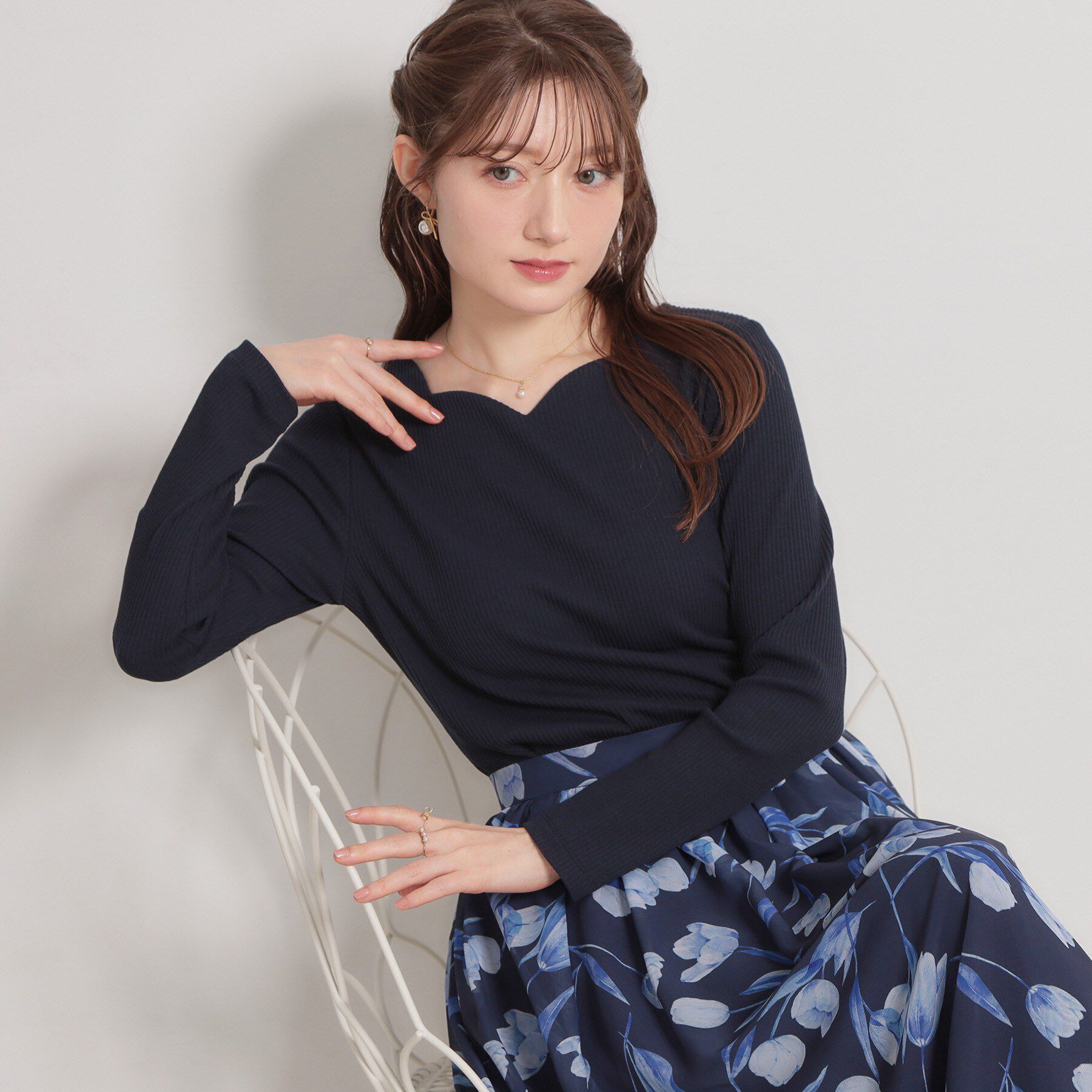 Couture broach「【洗える】ハートネック テレコプルオーバー」|Tシャツ・カットソー|ネイビー(094)